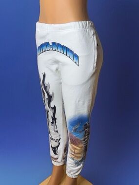 White Graphic Jogger Pants with Blue Accents